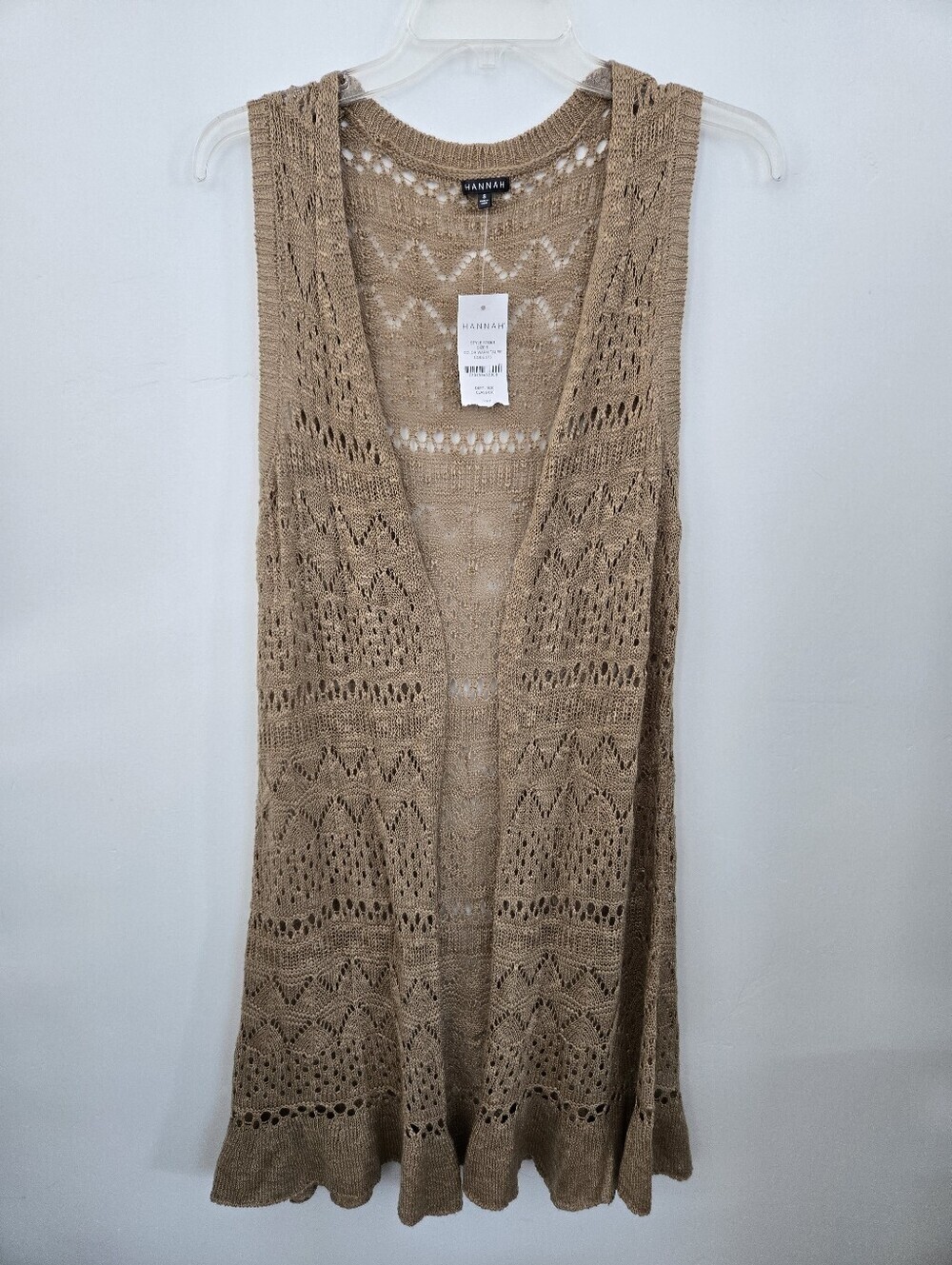 Hannah Open-Front Crochet Knit Sleeveless Long Cardigan Vest. Warm Taupe. Small